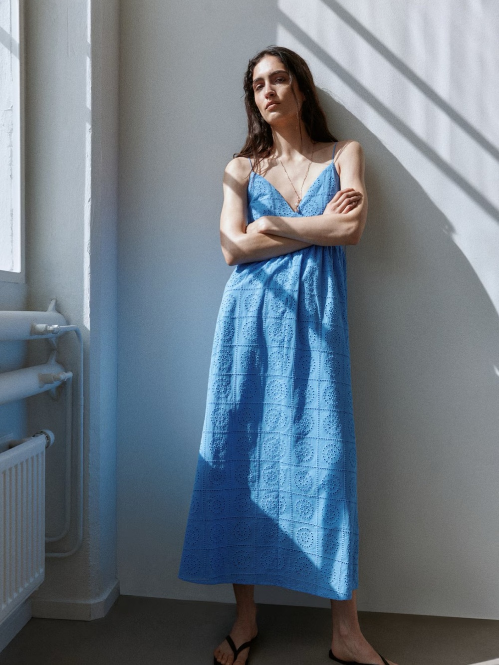 H&M Sky Blue Eyelet Maxi Slip Dress NWT